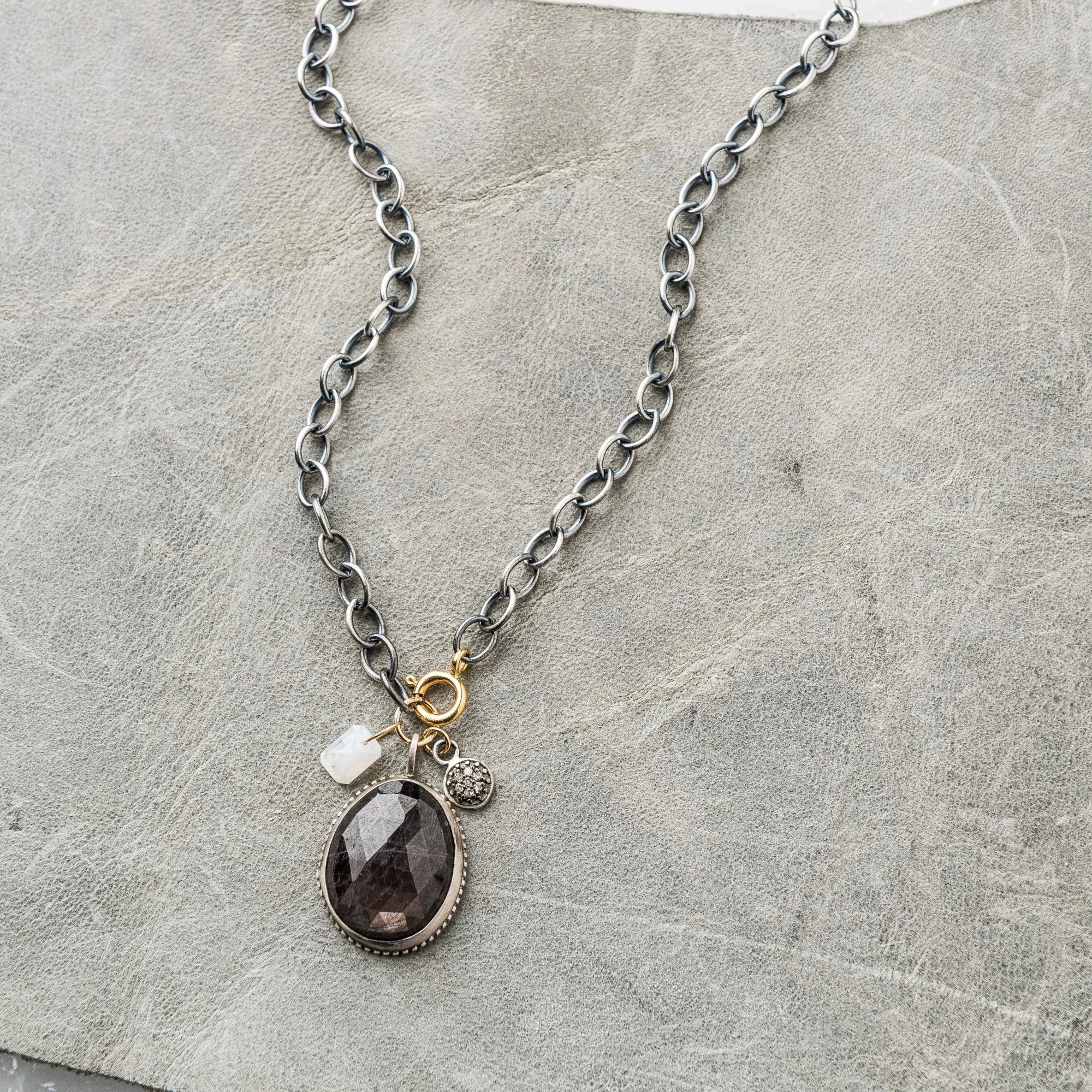 Chocolate Sapphire Necklace with Pave Diamond Charm