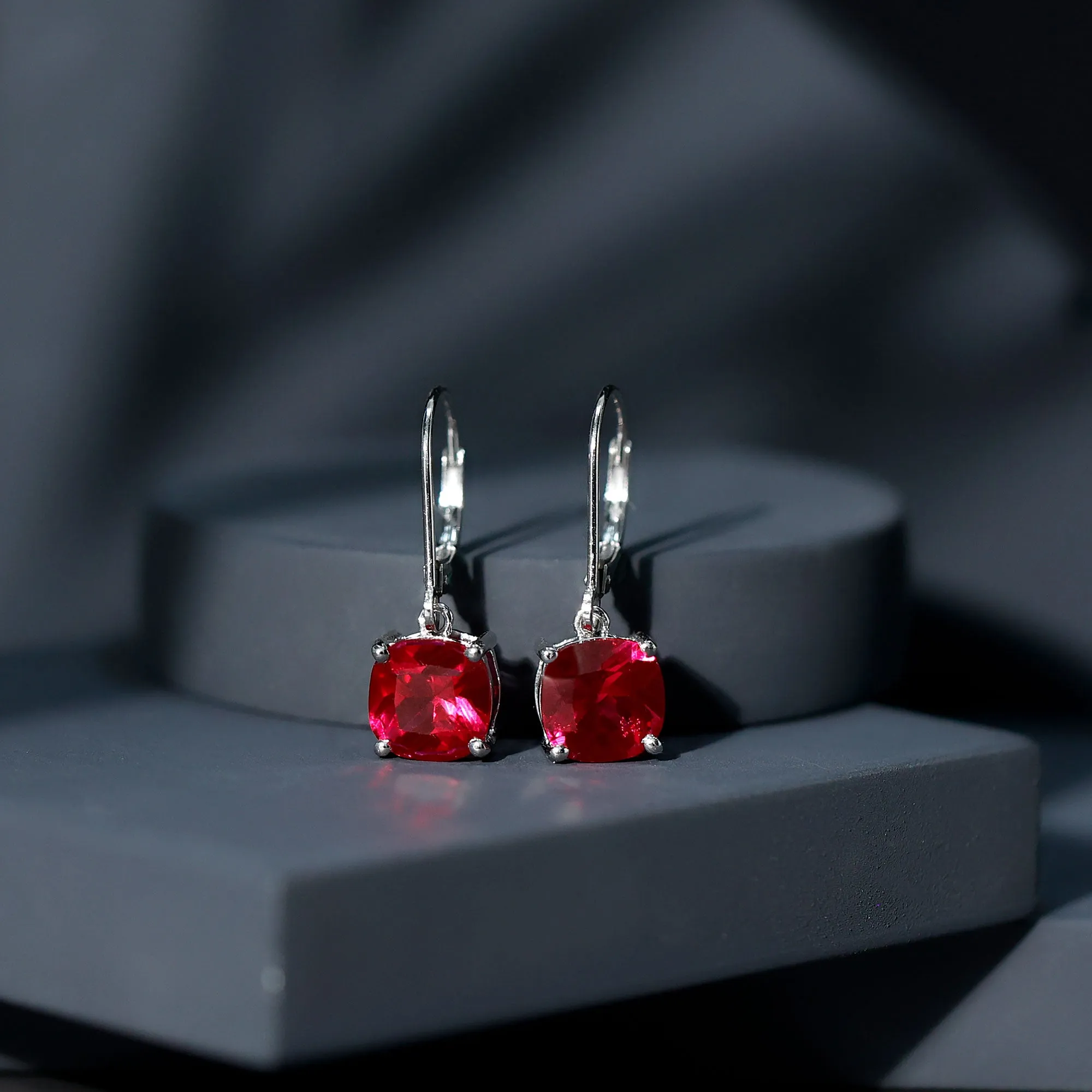 Cushion Cut Solitaire Created Ruby Drop Earrings