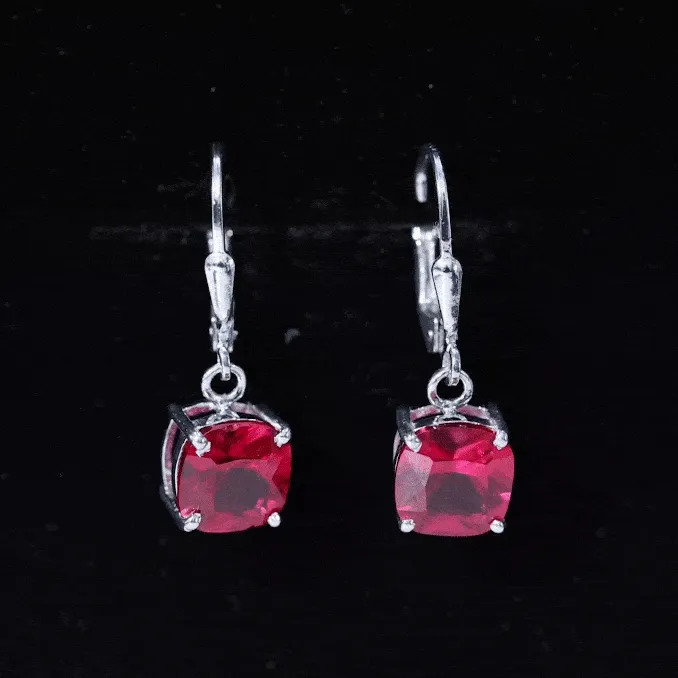 Cushion Cut Solitaire Created Ruby Drop Earrings
