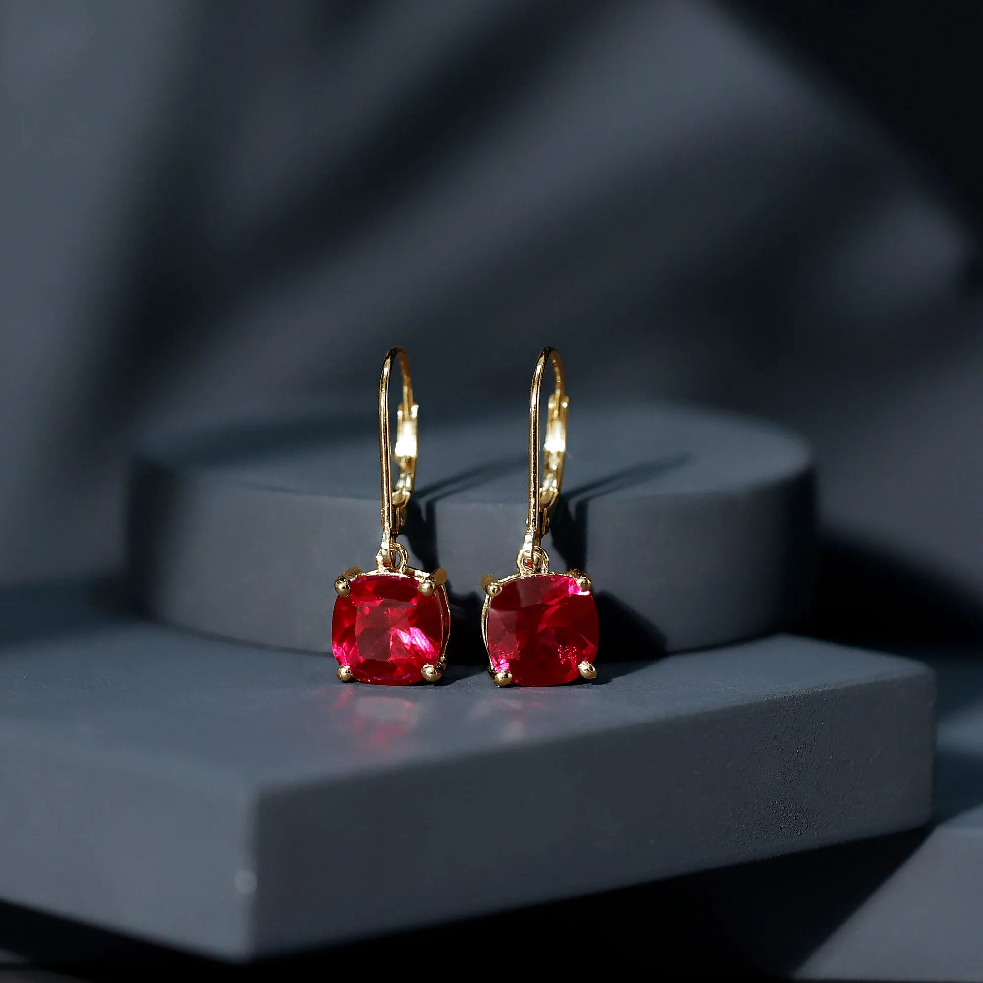 Cushion Cut Solitaire Created Ruby Drop Earrings