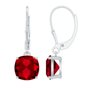 Cushion Cut Solitaire Created Ruby Drop Earrings