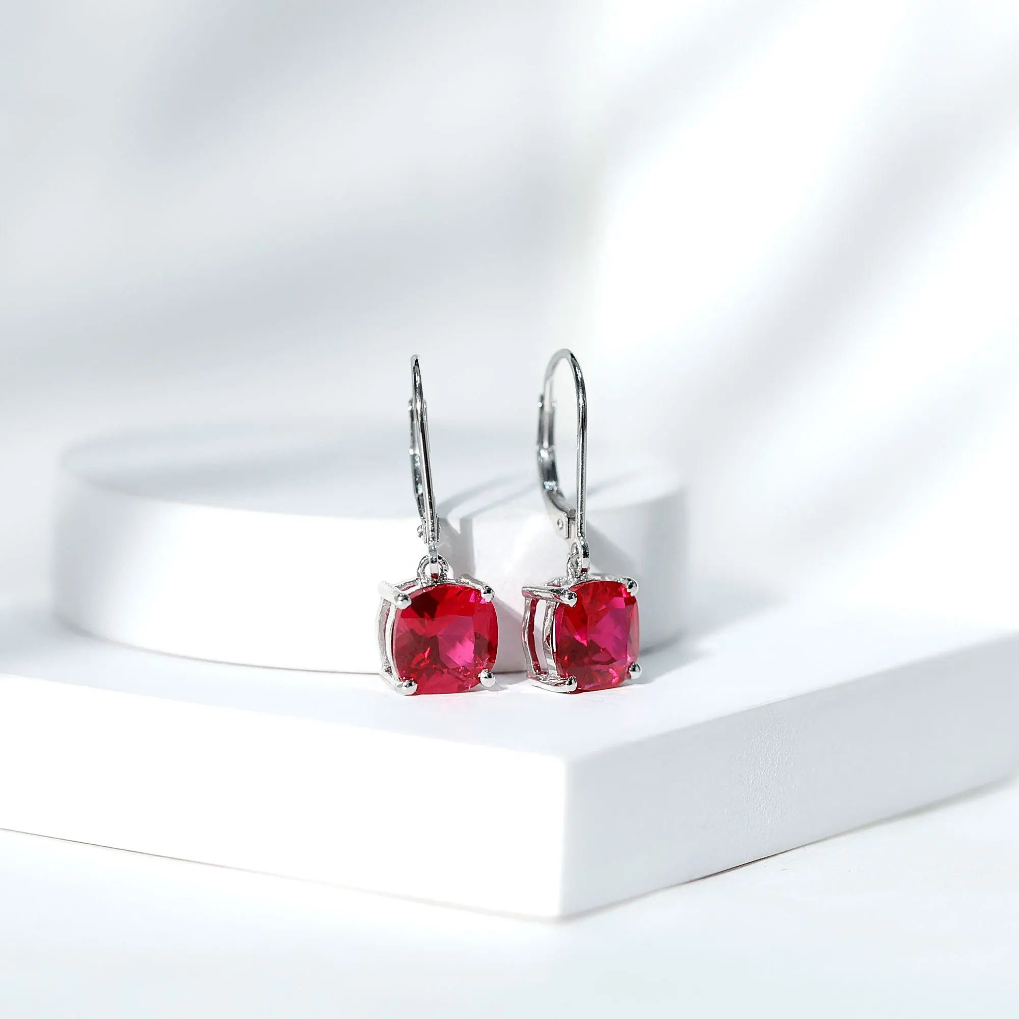 Cushion Cut Solitaire Created Ruby Drop Earrings