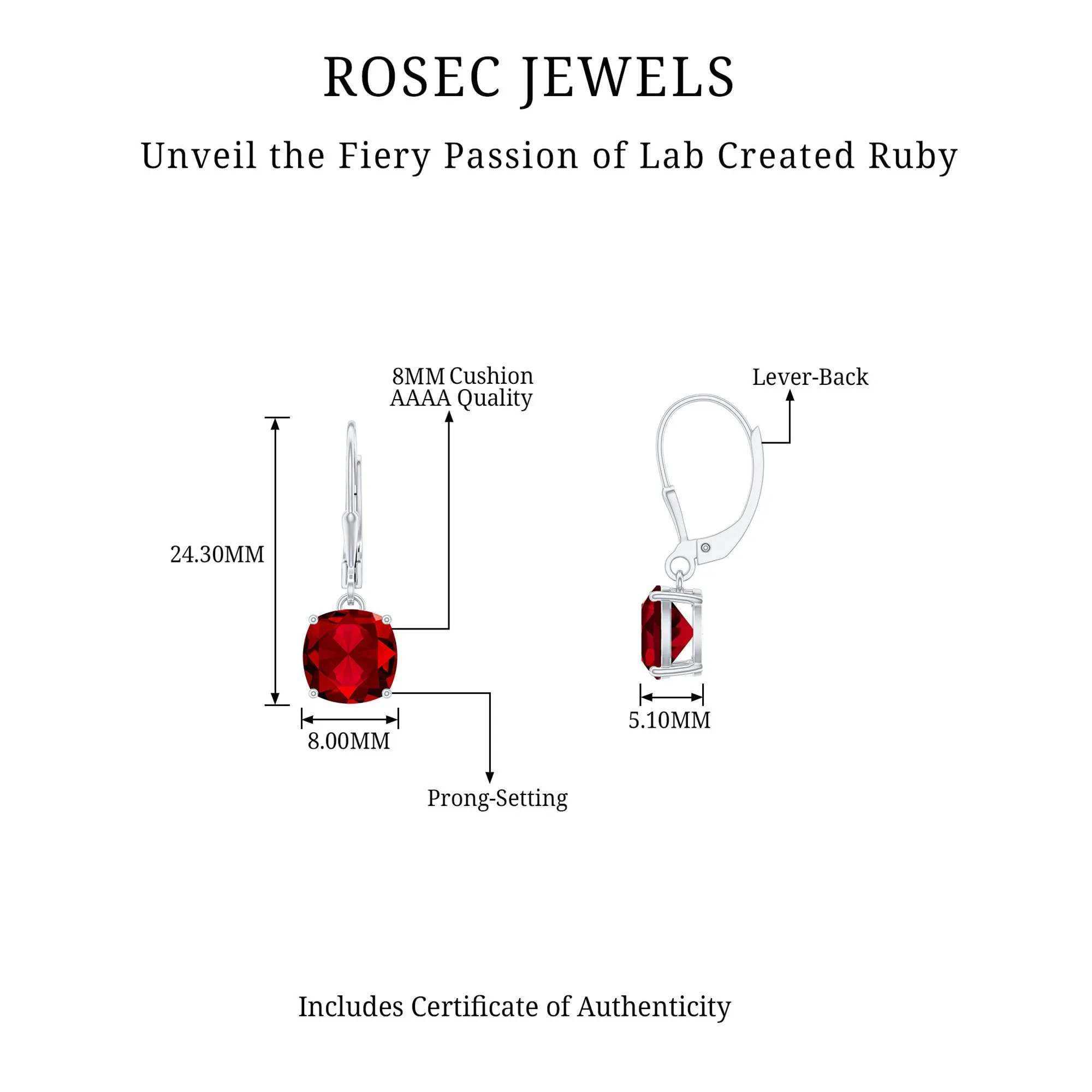 Cushion Cut Solitaire Created Ruby Drop Earrings