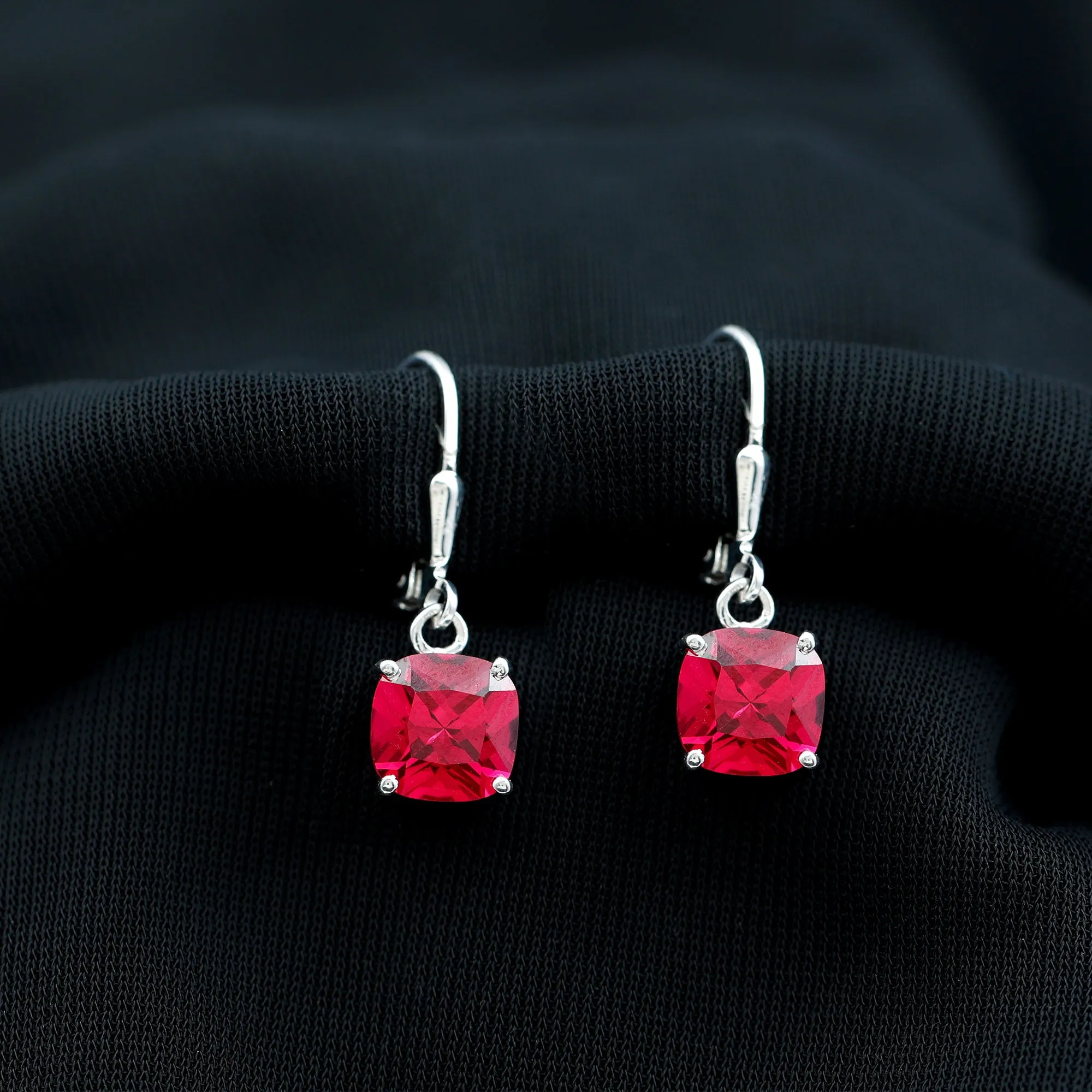 Cushion Cut Solitaire Created Ruby Drop Earrings