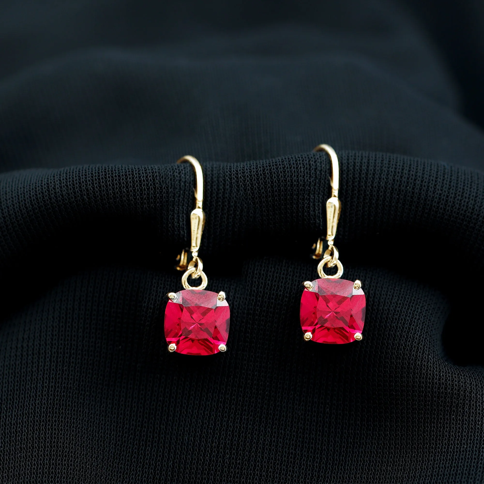 Cushion Cut Solitaire Created Ruby Drop Earrings