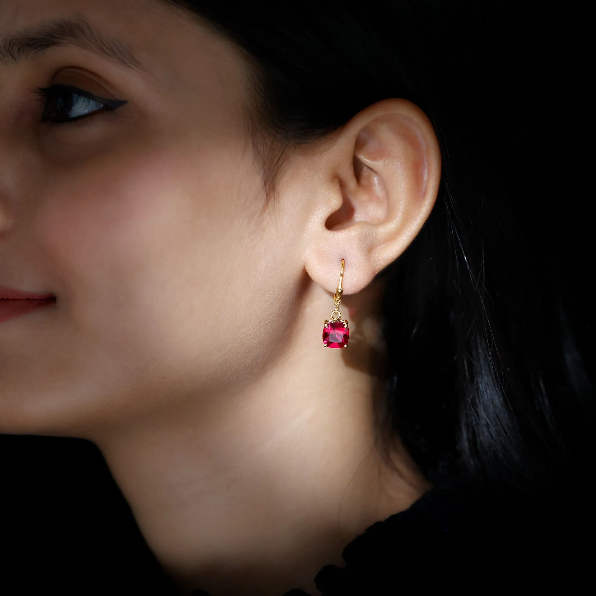 Cushion Cut Solitaire Created Ruby Drop Earrings