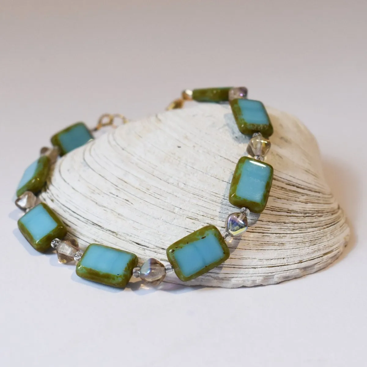 Desert Sky Bracelet, Sky Blue Glass Rectangle Beaded Bracelet on Gold