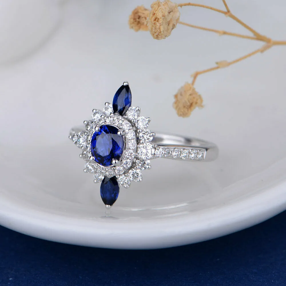 Diamond Cluster Ring 1.40CT 14k White Gold FN Oval Blue Sapphire Engagement Ring