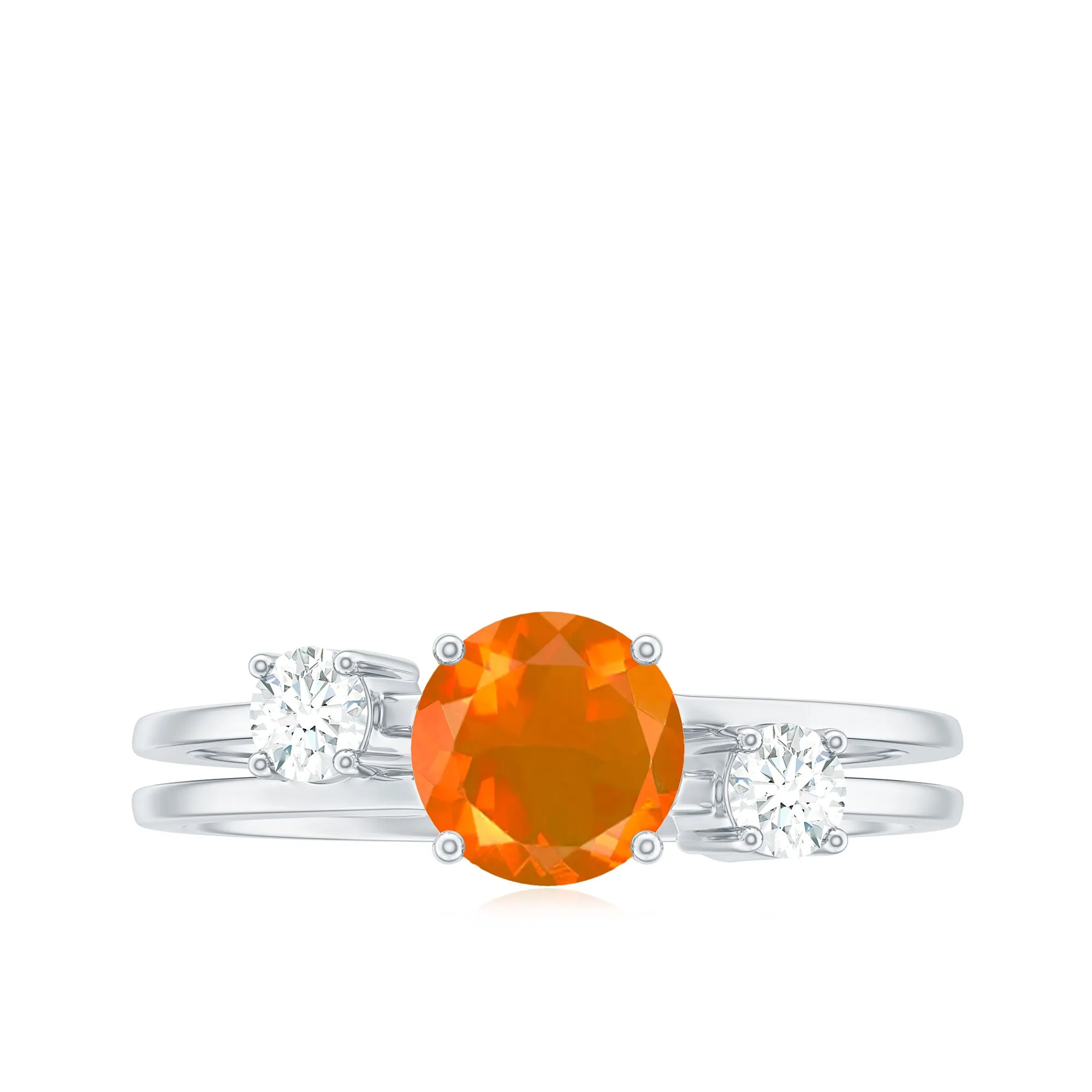 Double Band Engagement Ring with Fire Opal and Diamond