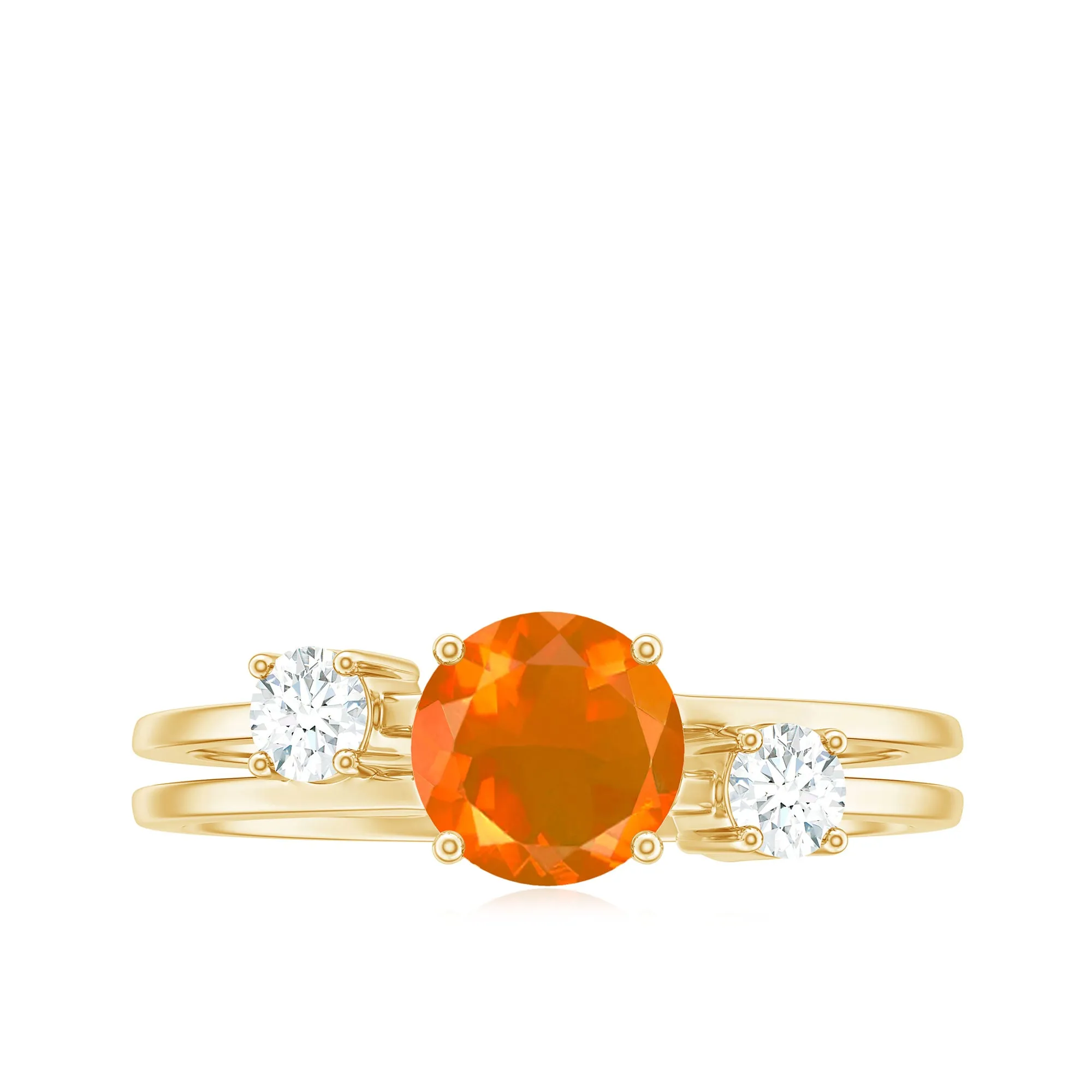 Double Band Engagement Ring with Fire Opal and Diamond