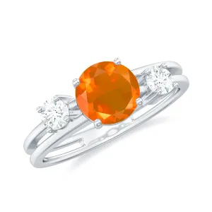 Double Band Engagement Ring with Fire Opal and Diamond