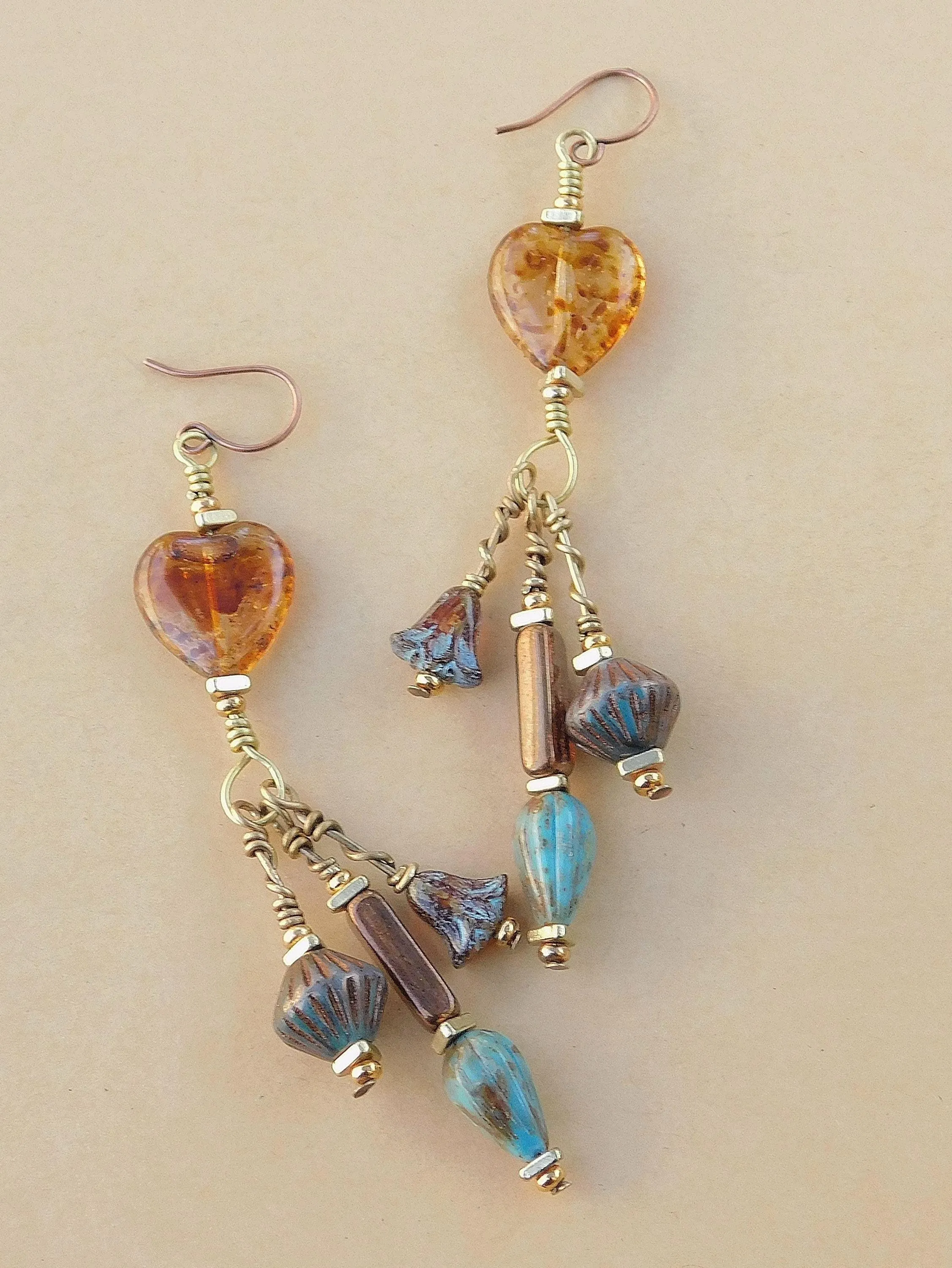 Earthy Amber Dangling Heart Earrings
