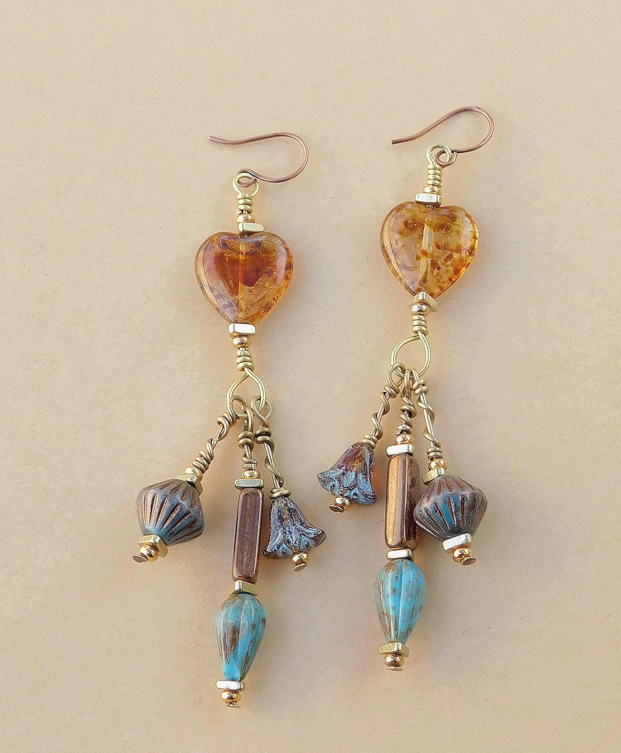Earthy Amber Dangling Heart Earrings