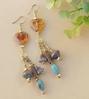 Earthy Amber Dangling Heart Earrings