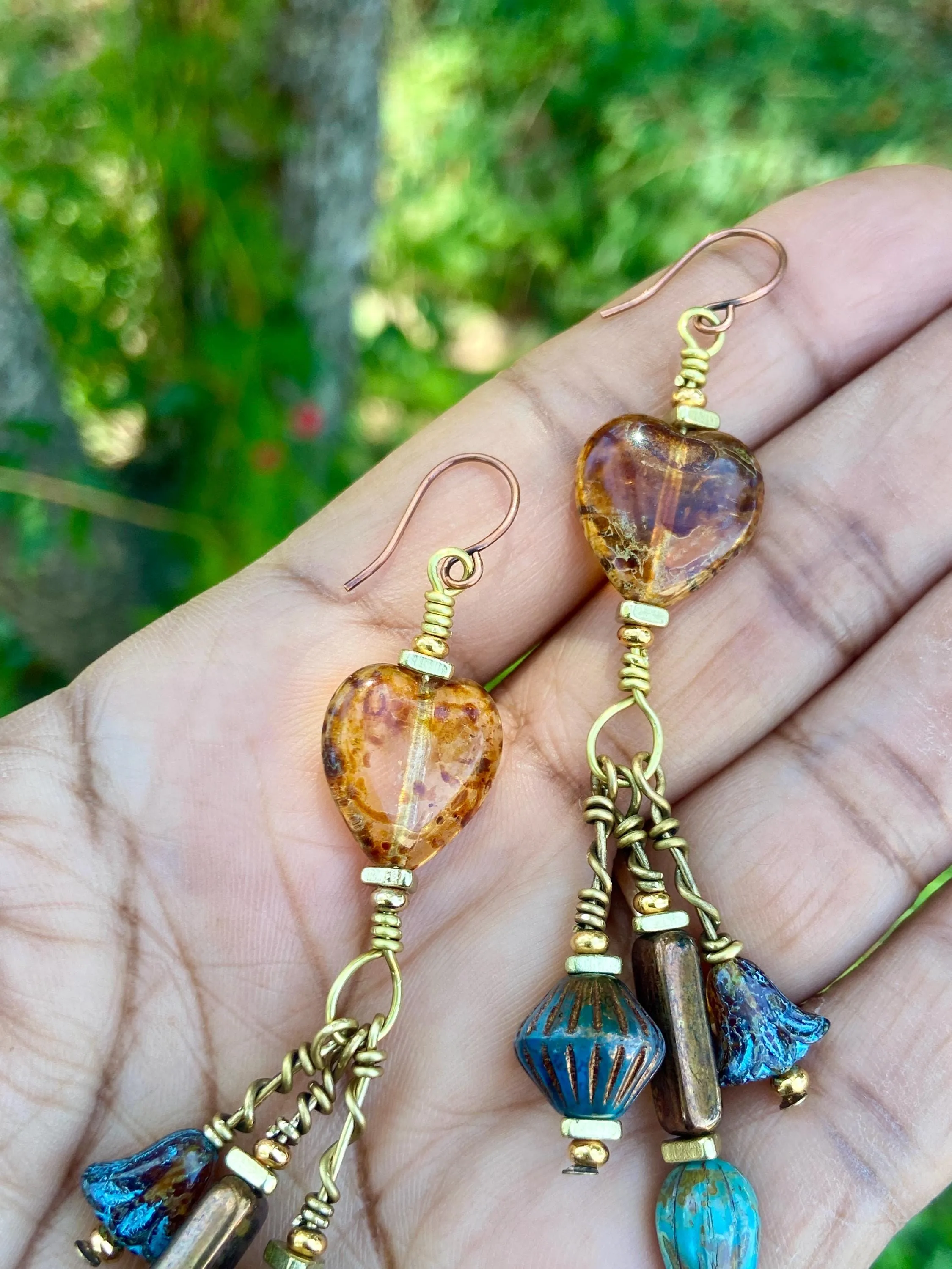 Earthy Amber Dangling Heart Earrings