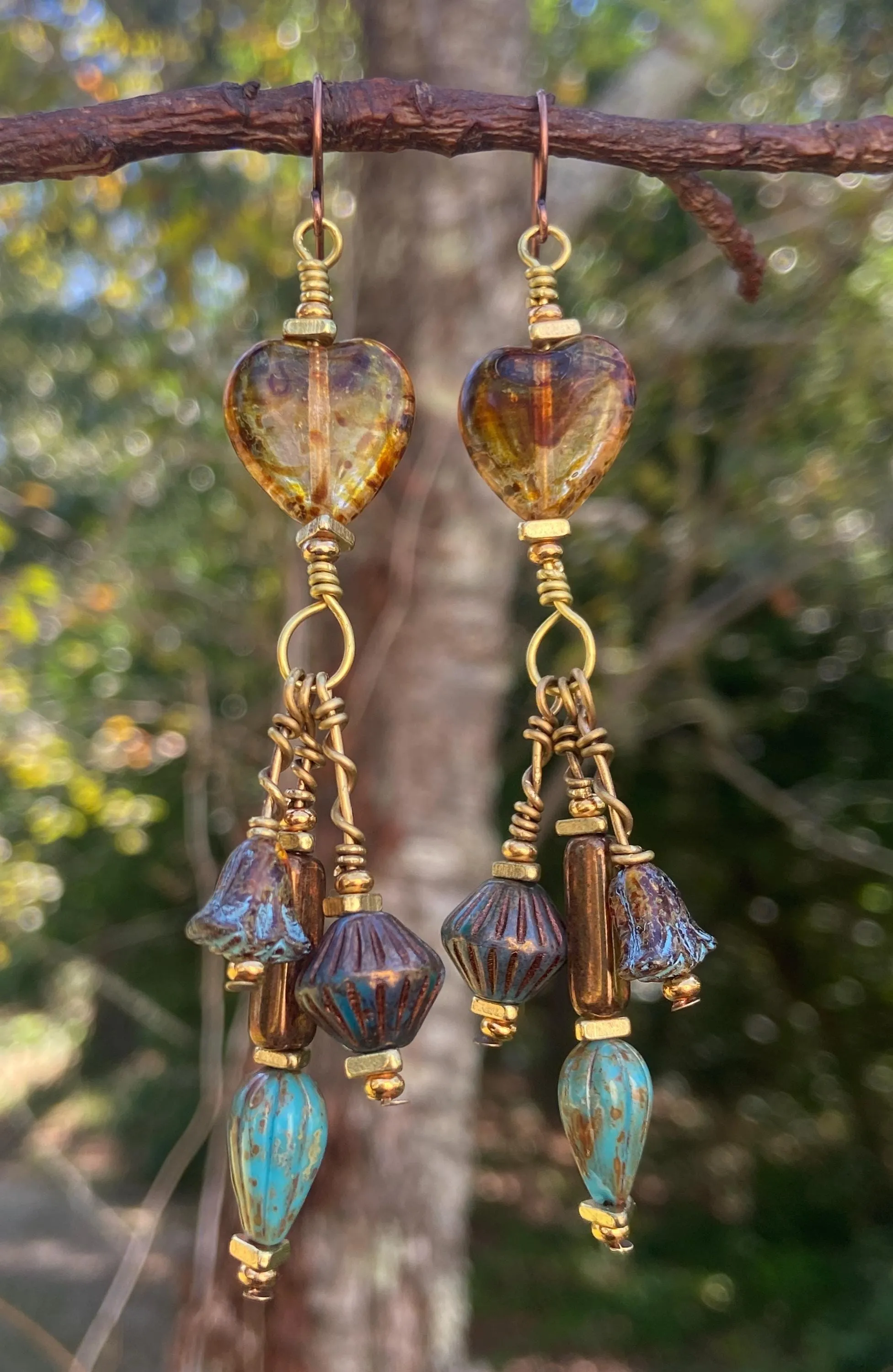 Earthy Amber Dangling Heart Earrings