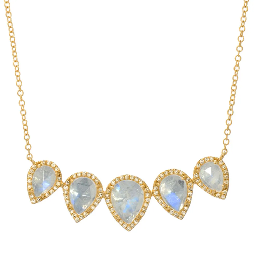 Five Pear Shape Rainbow Moonstone Necklace