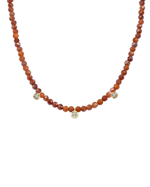 Garnet Gemstone & Three diamonds Necklace - 14K Yellow Gold