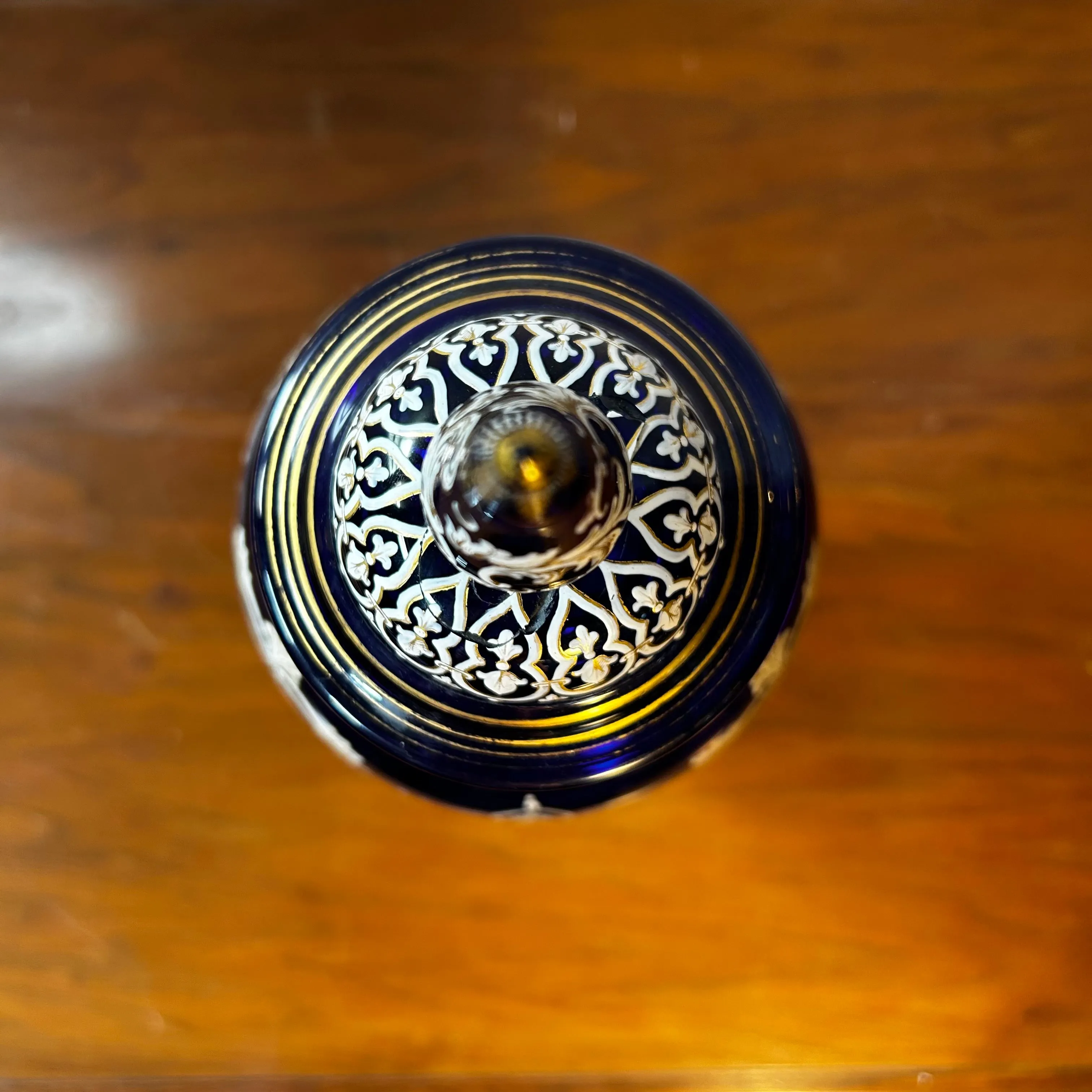 Glass Urn, Cobalt Blue, Ornate with Gold and White Enamel Decoration.