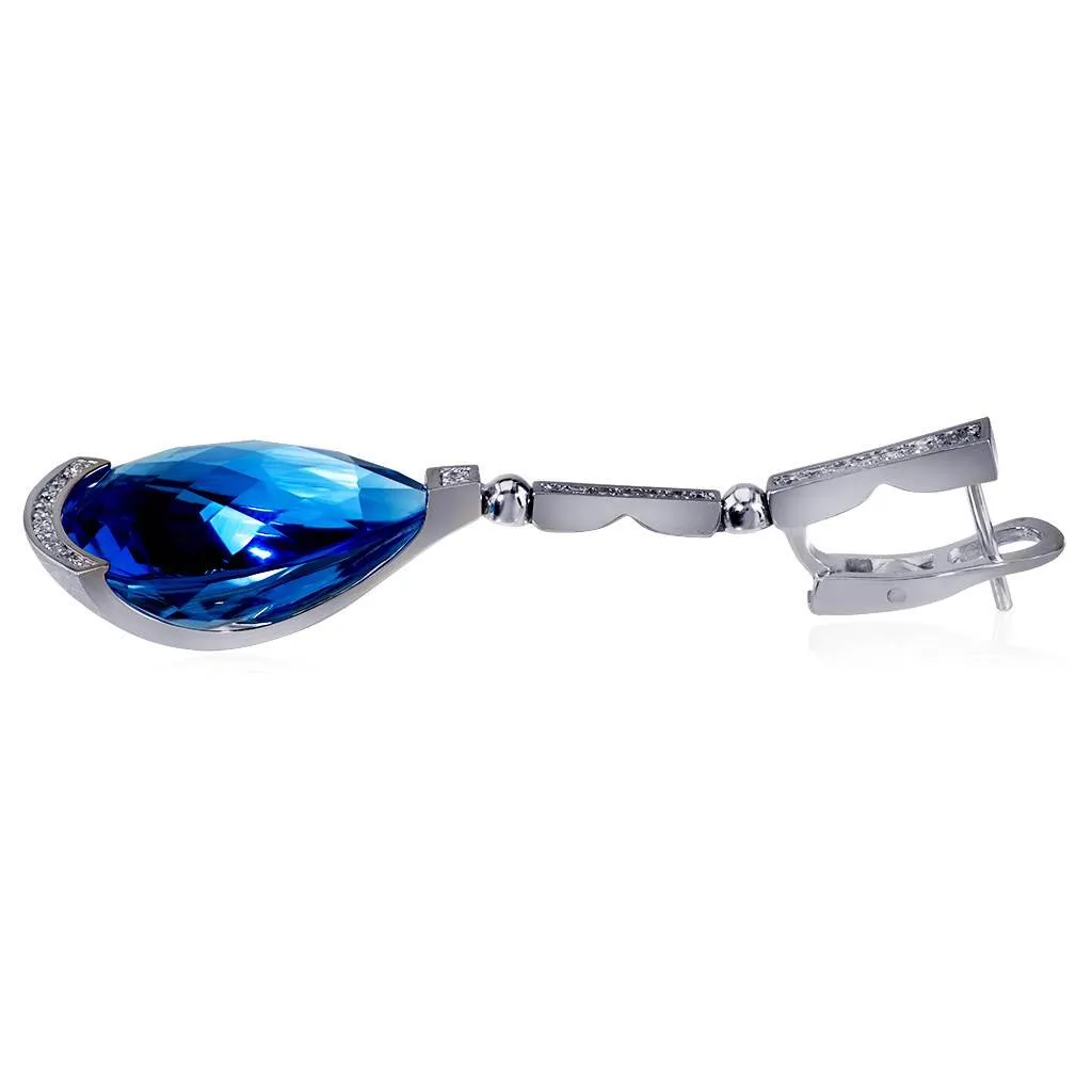 Gold Swan Drop Earrings with Blue Topaz & Diamonds