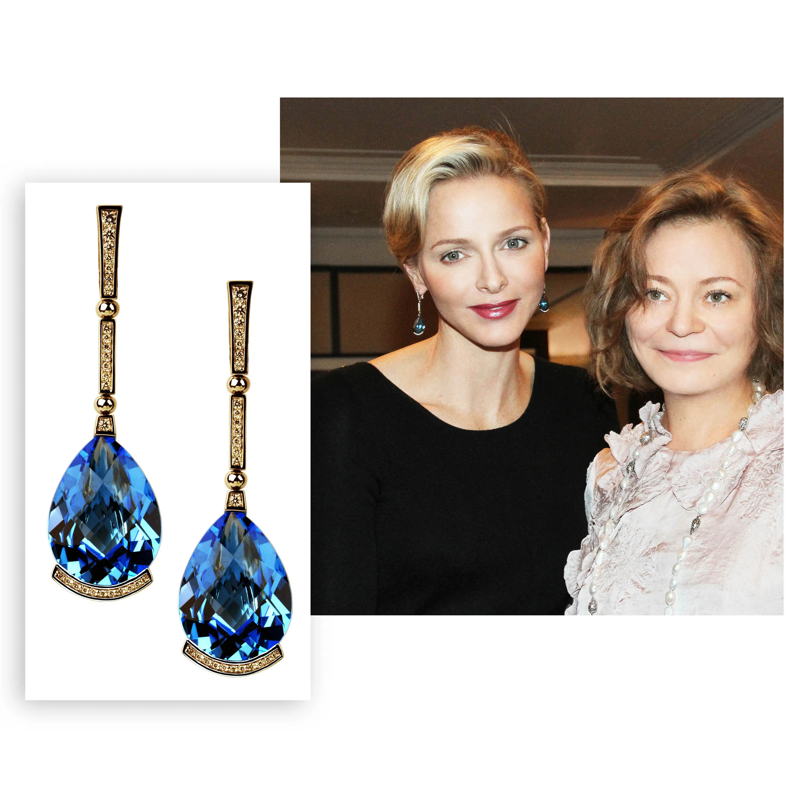 Gold Swan Drop Earrings with Blue Topaz & Diamonds