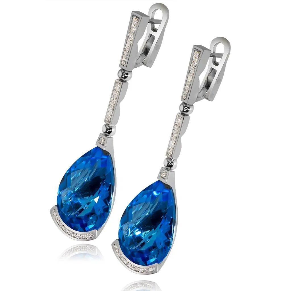 Gold Swan Drop Earrings with Blue Topaz & Diamonds