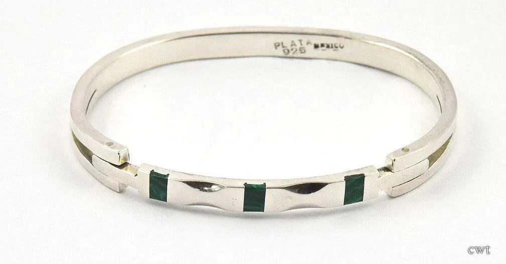 Gorgeous Vintage Sterling Silver and Malachite Stone Bangle Bracelet Mexico