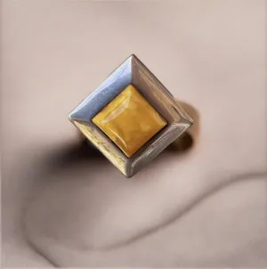 Hand Crafted Baltic Butter Amber Diamond Shaped Ring In Sterling Silver- Size 6.5