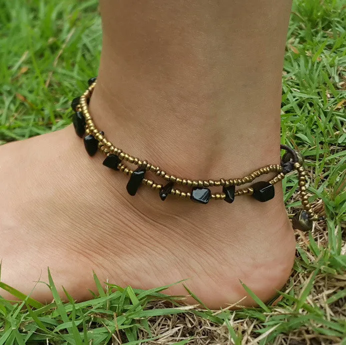 Hand Made Fair Trade Anklet Double Strand Brass Beads Onyx