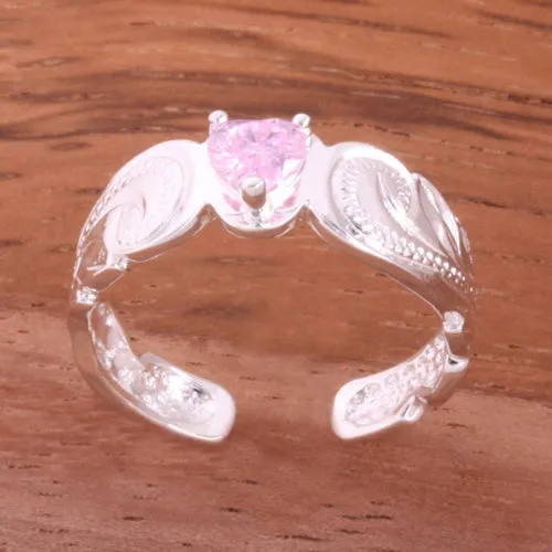 Hawaiian Scroll with Pink Heart CZ Cut Out Edge Toe Ring