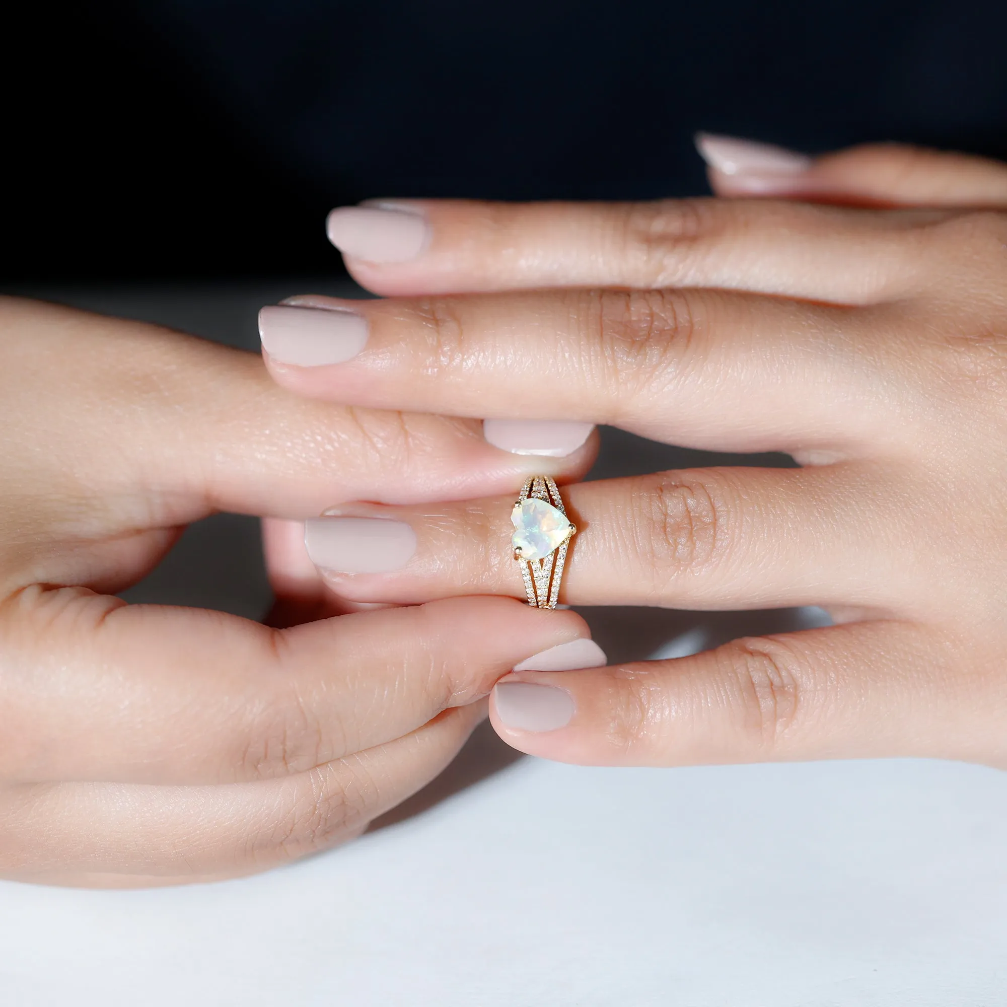 Heart Shape Solitaire Ethiopian Opal Designer Engagement Ring with Diamond