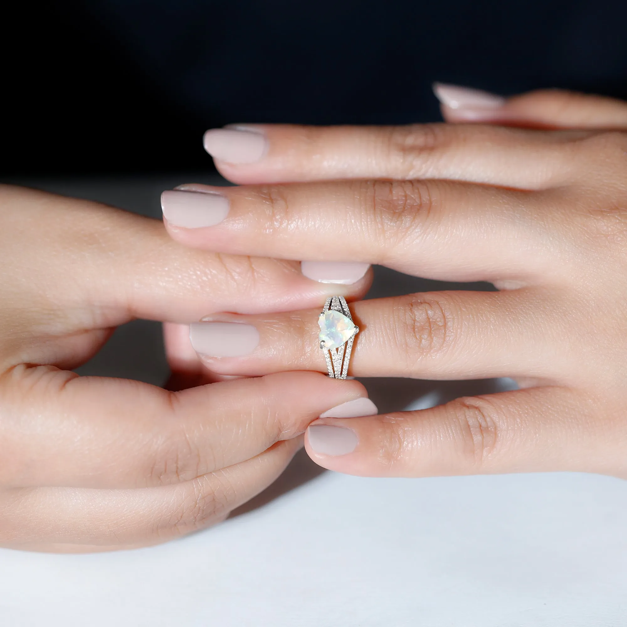 Heart Shape Solitaire Ethiopian Opal Designer Engagement Ring with Diamond