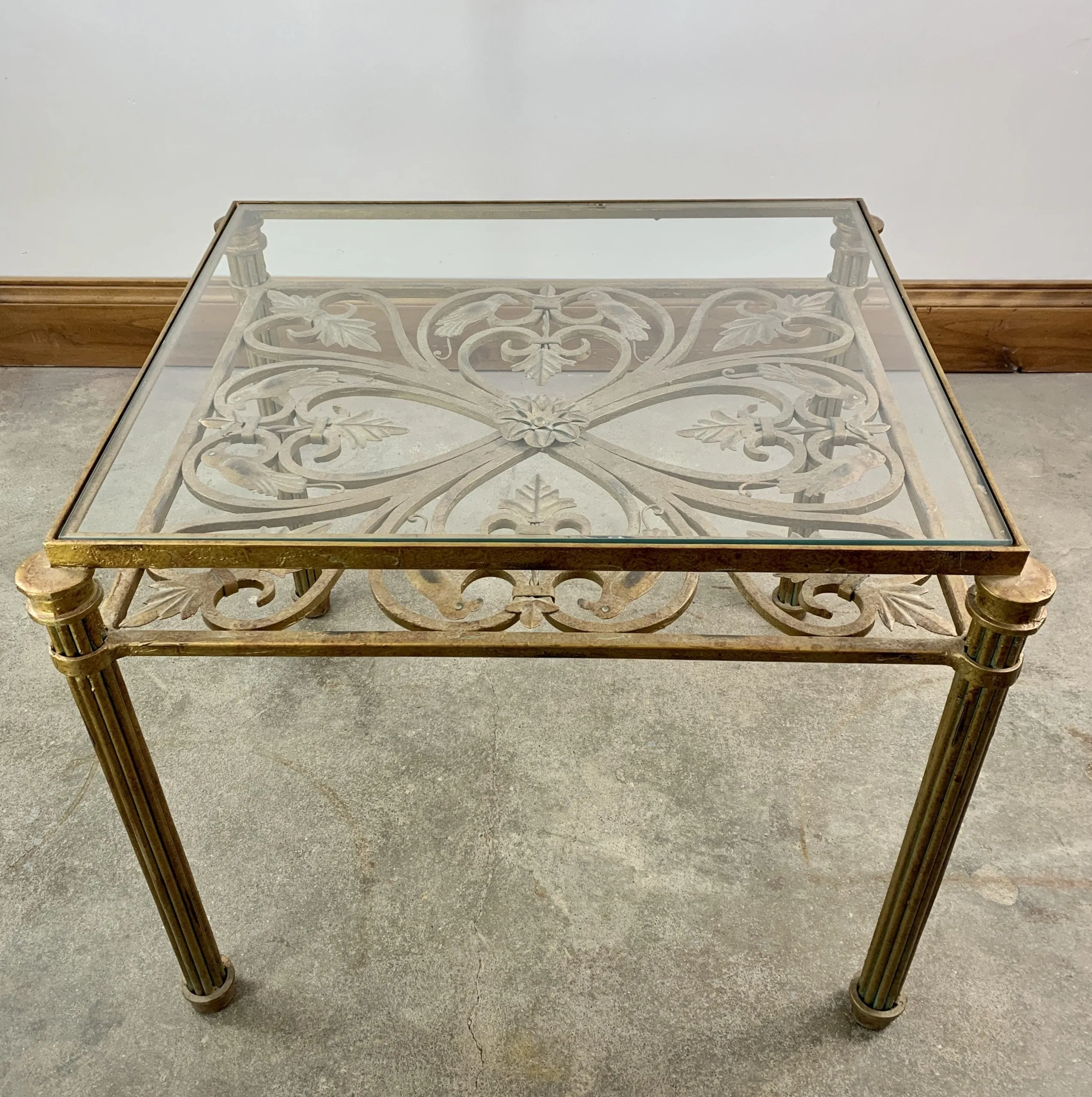 Hendredon Side Table, End Table, Coffee Table, Gilded Iron Birds, Glass Top