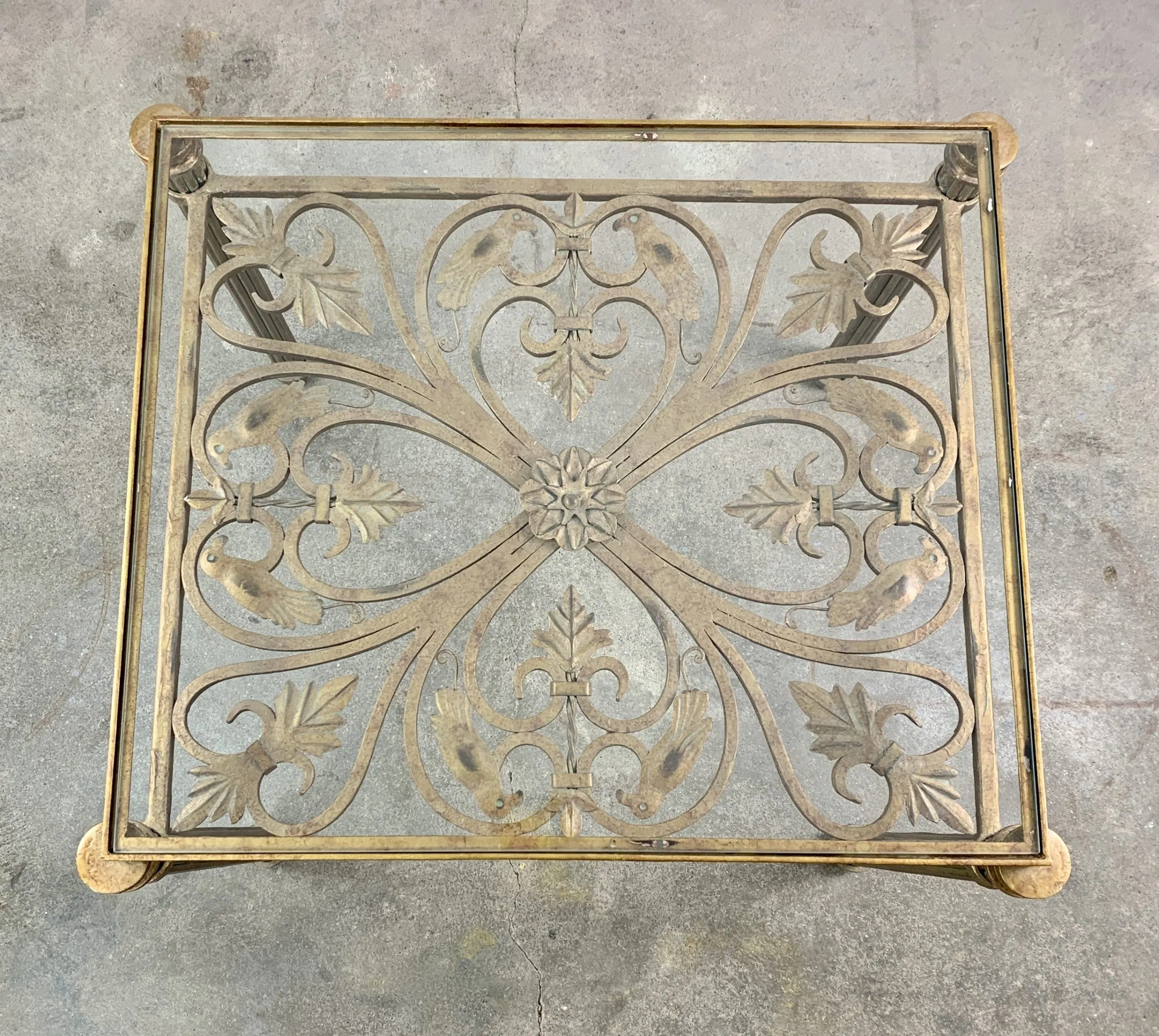 Hendredon Side Table, End Table, Coffee Table, Gilded Iron Birds, Glass Top