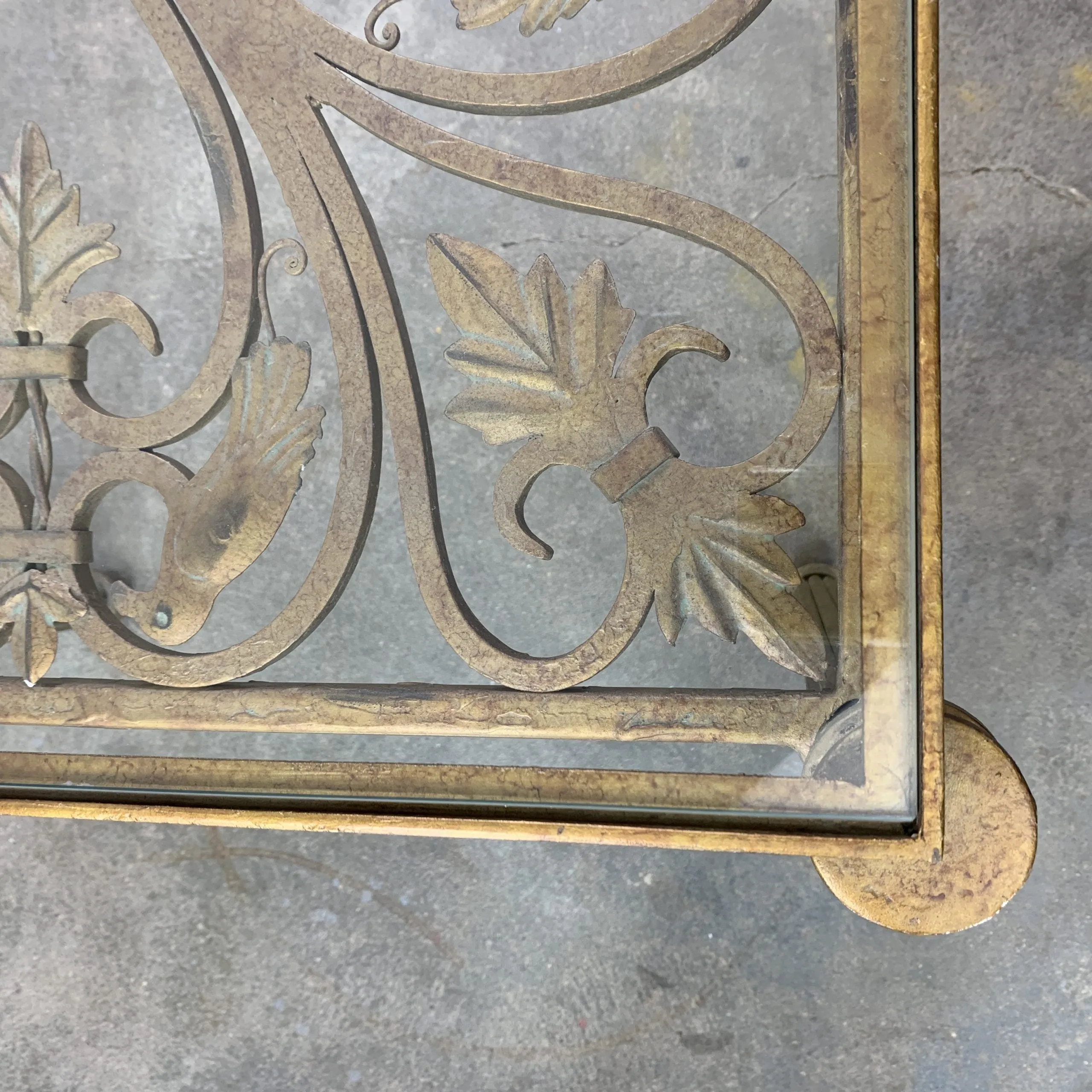 Hendredon Side Table, End Table, Coffee Table, Gilded Iron Birds, Glass Top