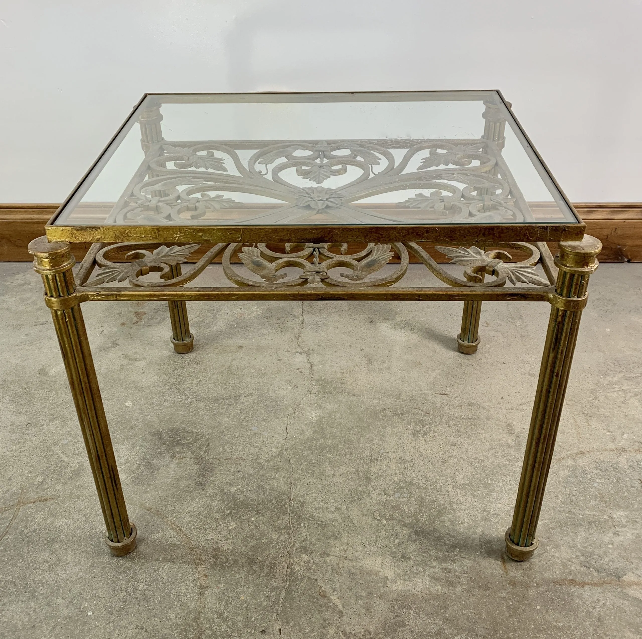 Hendredon Side Table, End Table, Coffee Table, Gilded Iron Birds, Glass Top