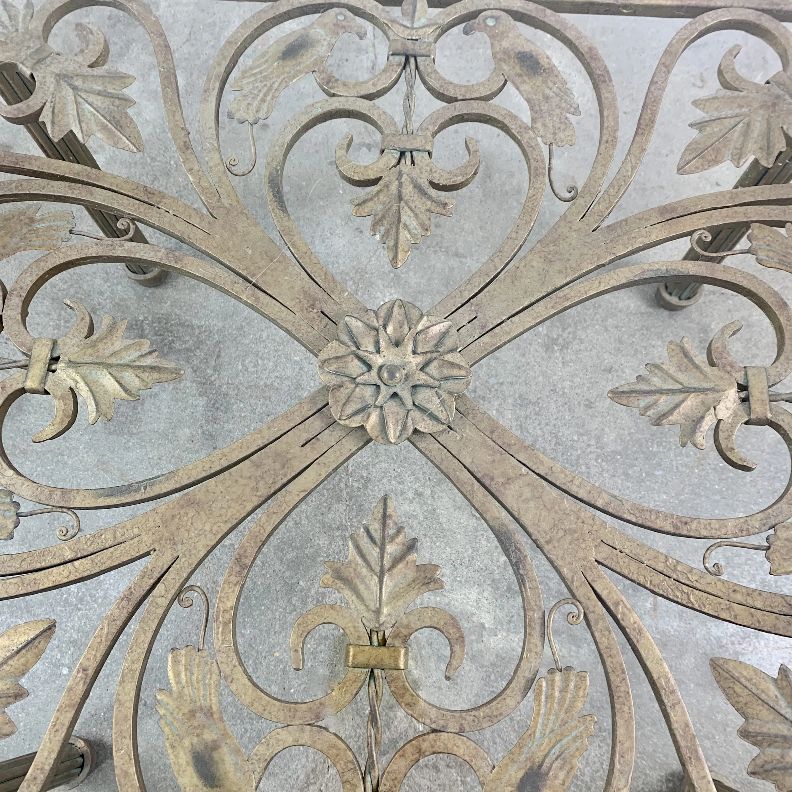 Hendredon Side Table, End Table, Coffee Table, Gilded Iron Birds, Glass Top