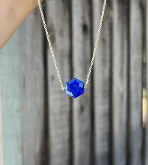 Lapis lazuli necklace, faceted blue hexagonal pendant, layering minimal necklace, minimalist jewelry