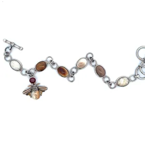 Mammoth Ivory Bees Link Bracelet Sterling Silver White With Garnet Mozambique Lab Grown & Garnet Mozambique 8" Long