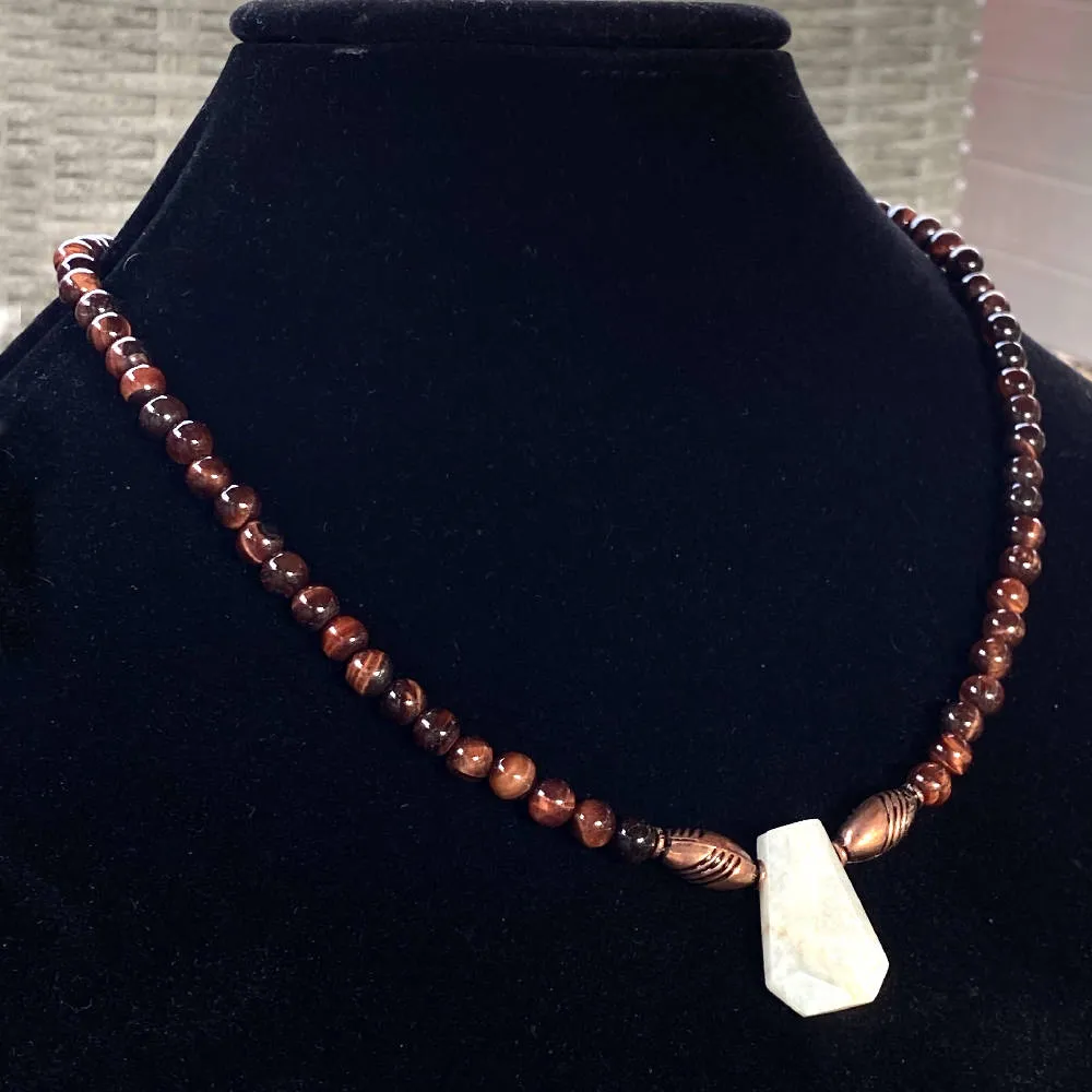 Men's Moonstone and Tiger Eye gemstone beaded necklace