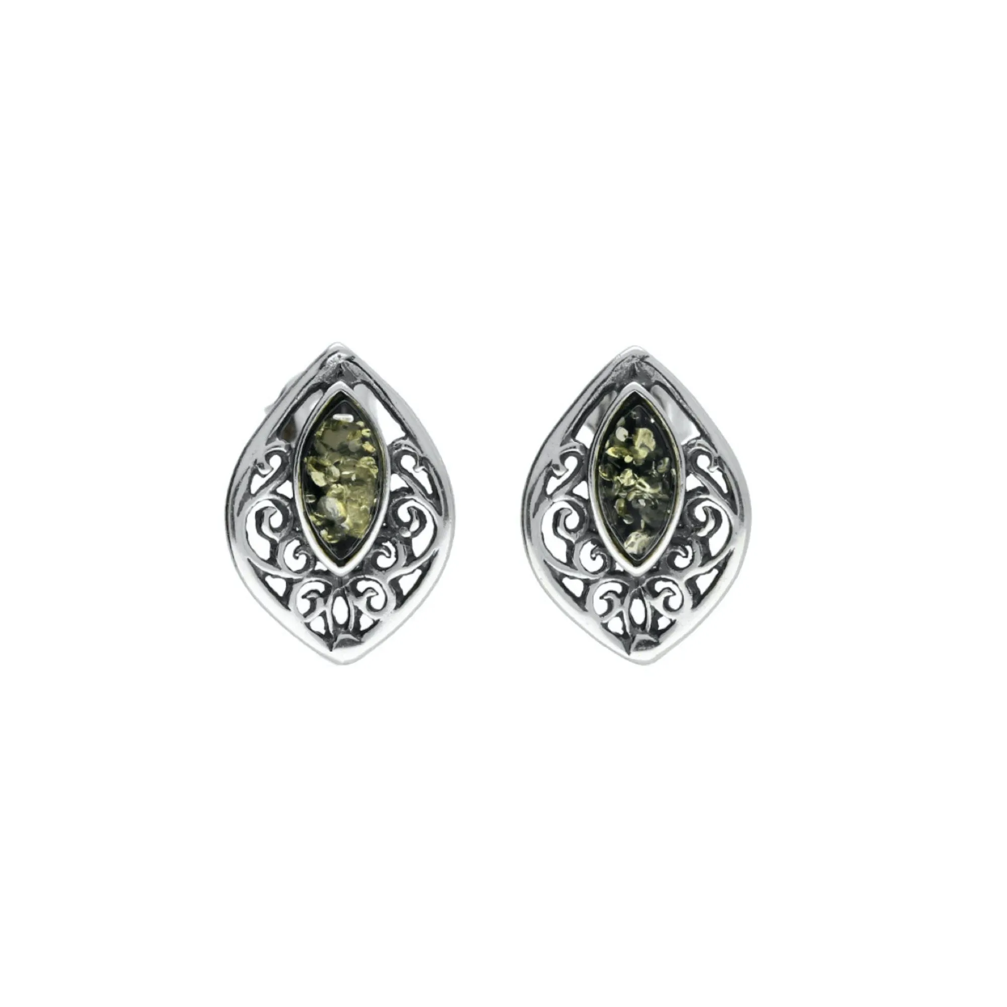 MILENA Earrings Silver and Green Amber Stud Vintage