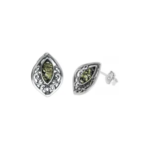 MILENA Earrings Silver and Green Amber Stud Vintage