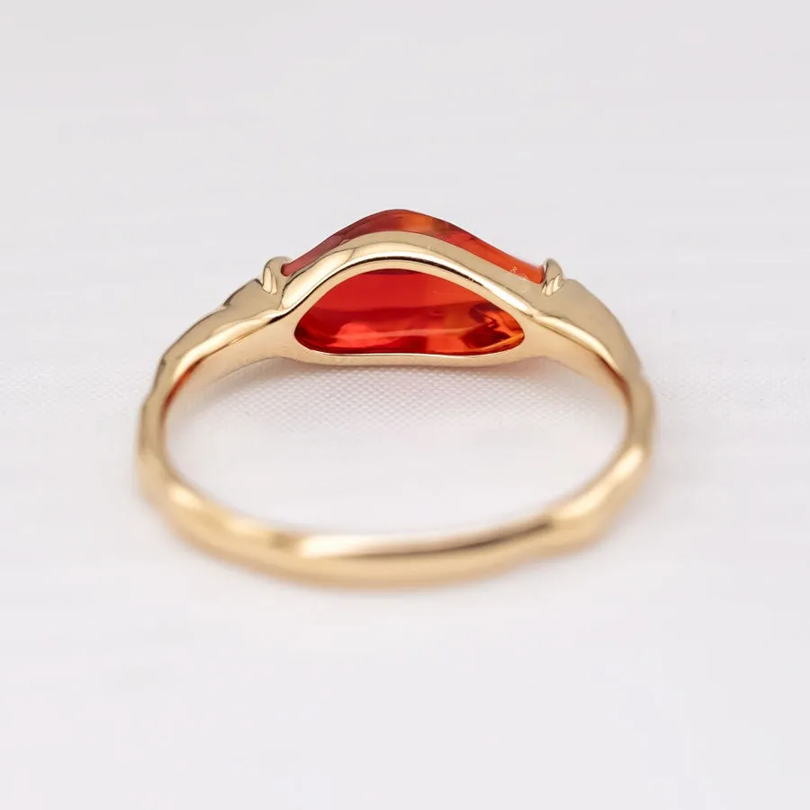 Minimalist Deep Red Fire Opal Engagement Ring 18K Yellow Gold