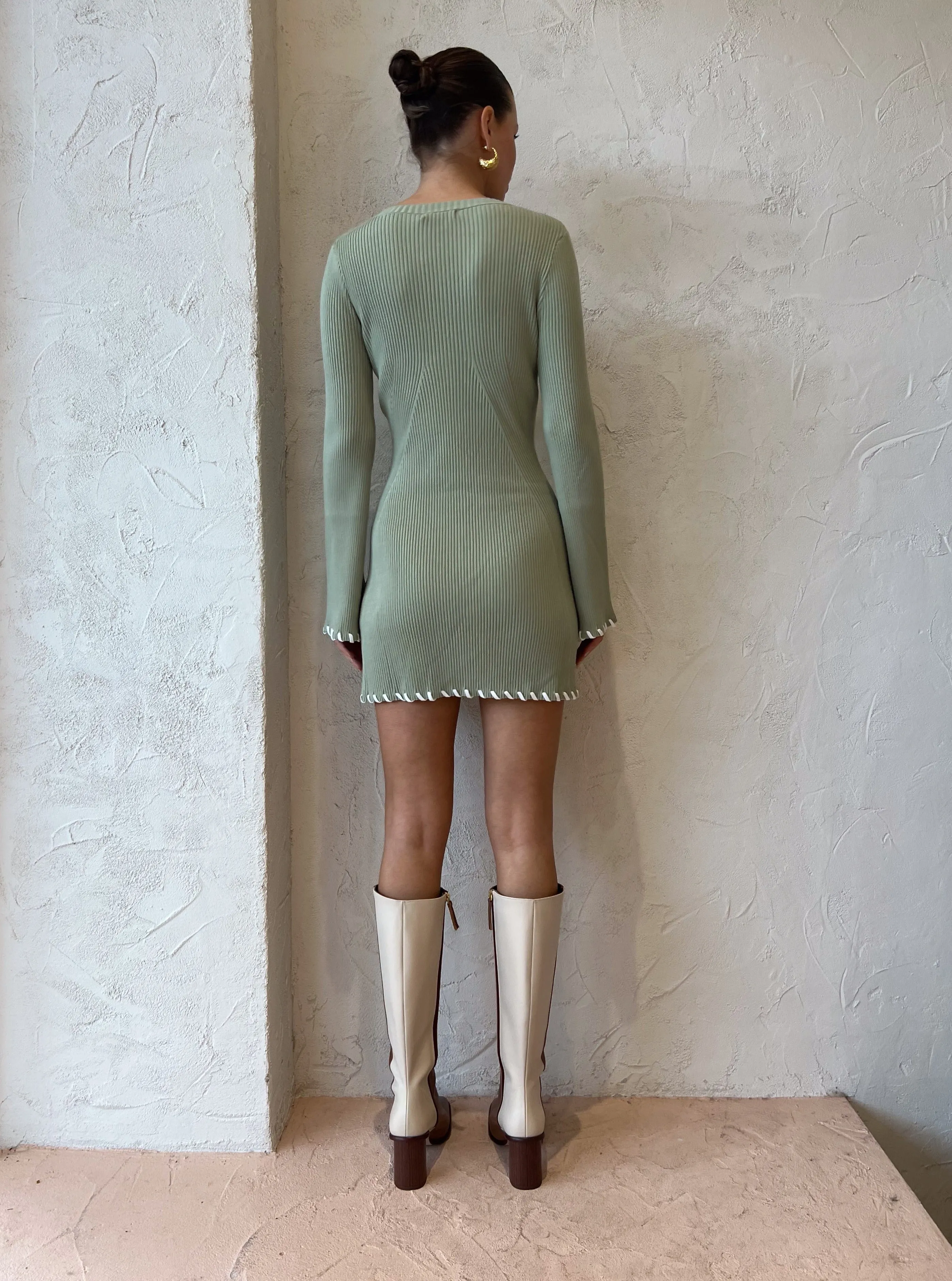 Mon Renn Trace Knit Mini Dress in Sage