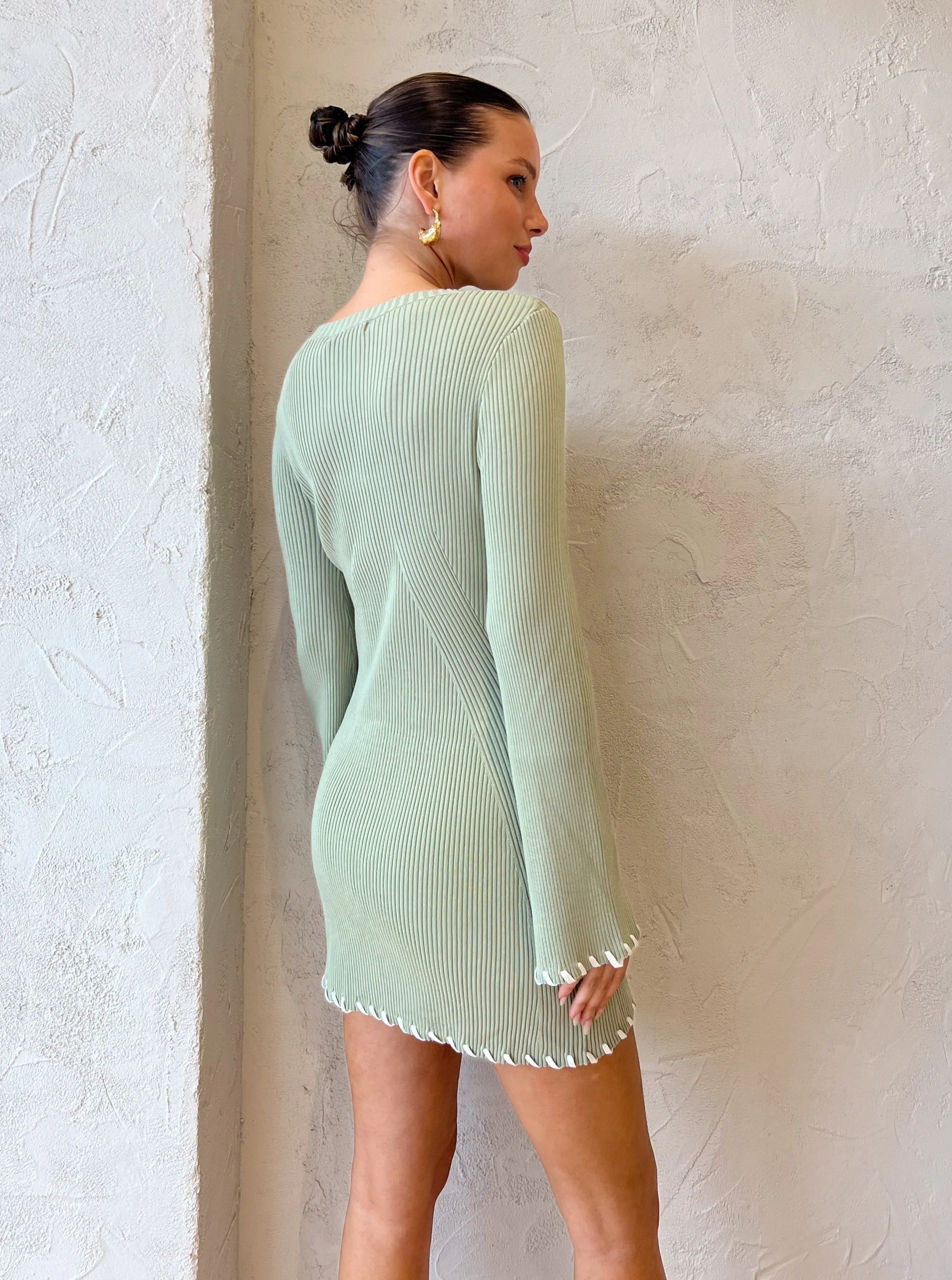Mon Renn Trace Knit Mini Dress in Sage