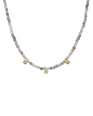 Moonstone Gemstone & Three diamonds Necklace - 14K Yellow Gold