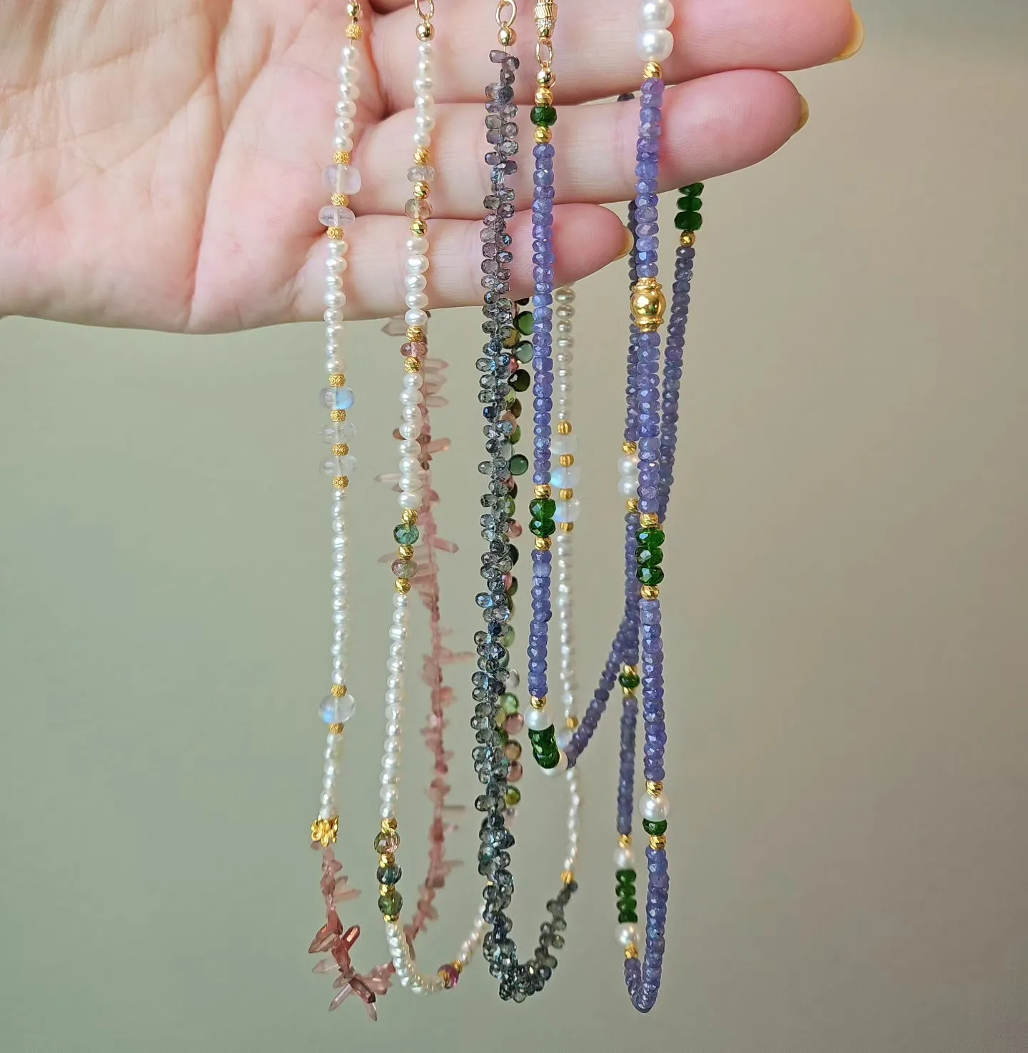 Multicolor Tourmaline Gemstone Briolette Freshwater Pearl Rainbow Moonstone 18K Yellow Gold Halfsie Necklace