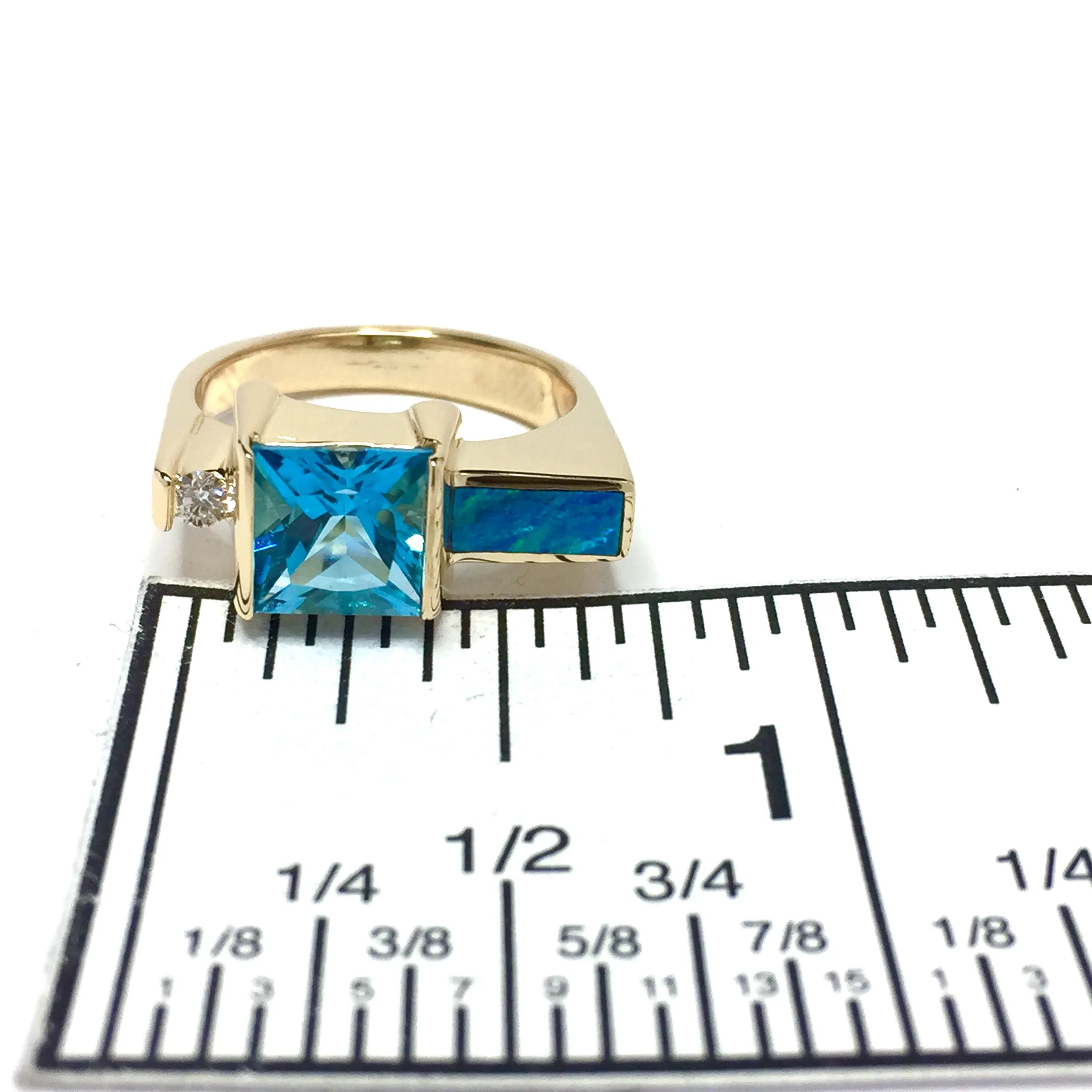 Opal Rings Rectangle Inlaid with Swiss Blue Topaz and .06ct Diamond