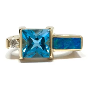 Opal Rings Rectangle Inlaid with Swiss Blue Topaz and .06ct Diamond
