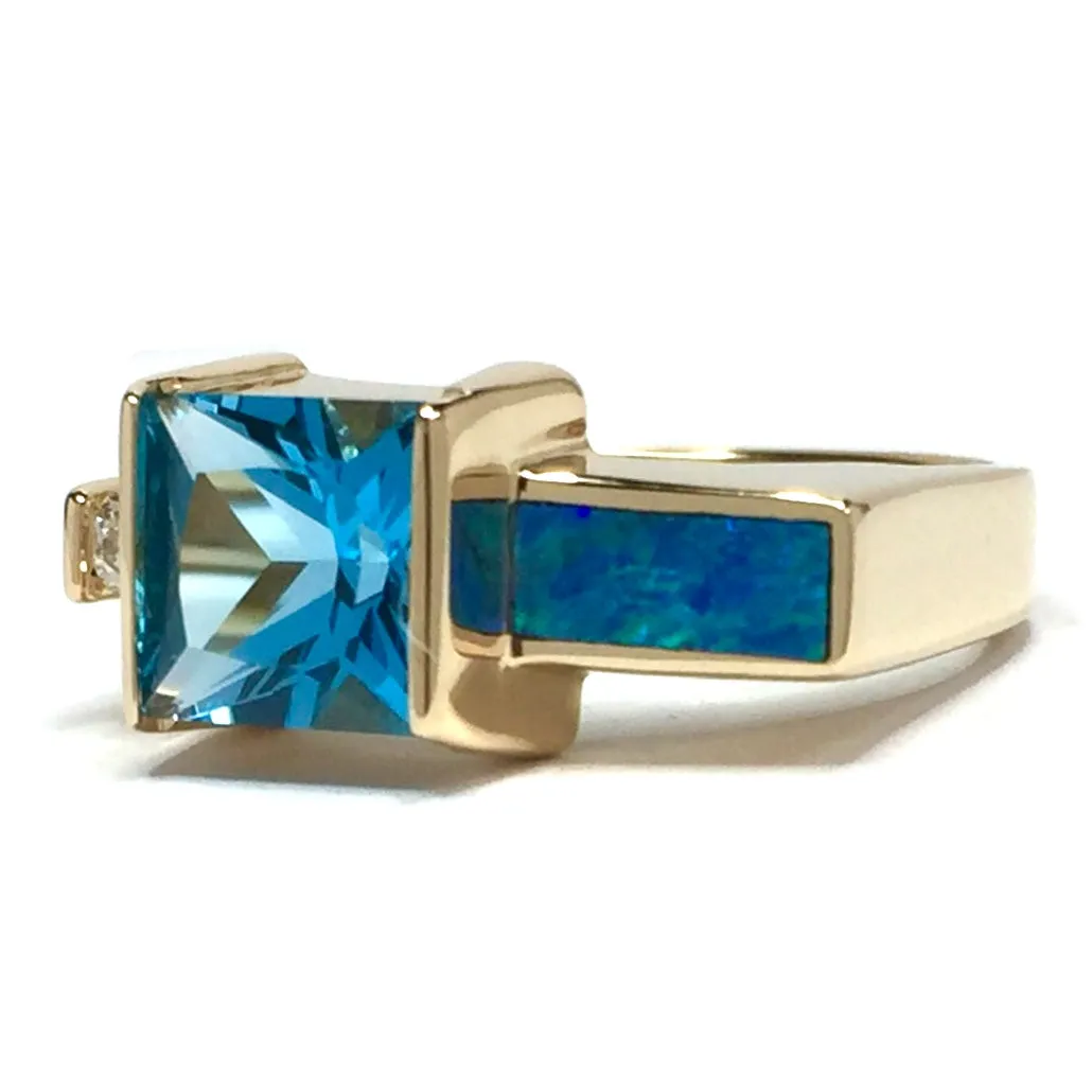 Opal Rings Rectangle Inlaid with Swiss Blue Topaz and .06ct Diamond